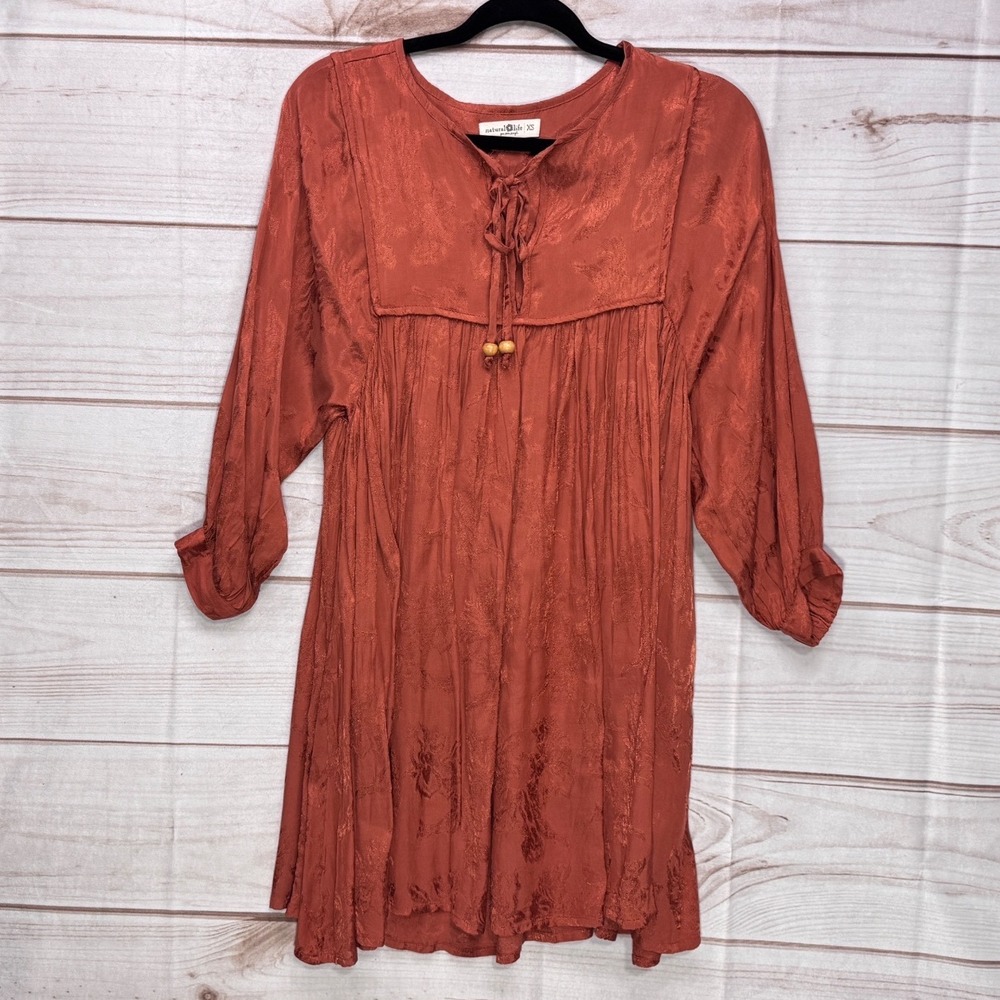 Natural Life Mini Dress Womens XS Rust Orange Excellent Boho Floral Jacquard